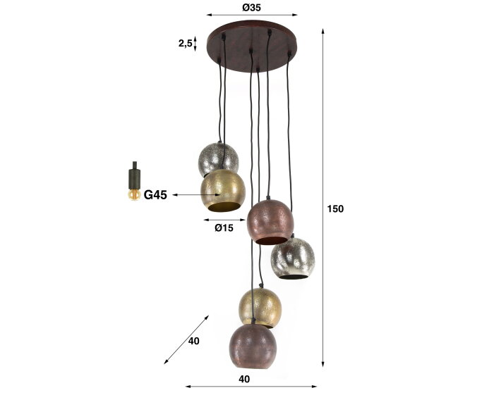Hanglamp Maria getrapt metal 6 lampen - mix color