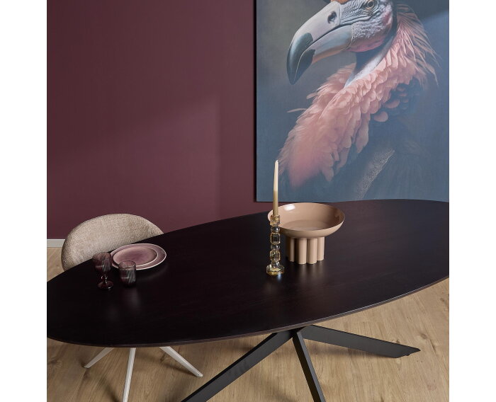 Eiken eettafel Ferris Ovaal 210x100 cm &ndash; Massief Europees eiken - metalen kruispoot - Zwart