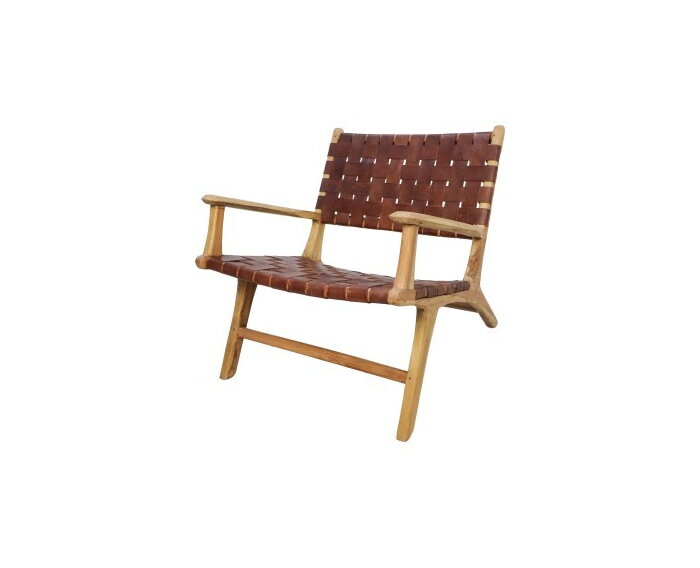 HSM Collection-Loungestoel met armleuning-naturel/cognac-leder/teak-83x73x69