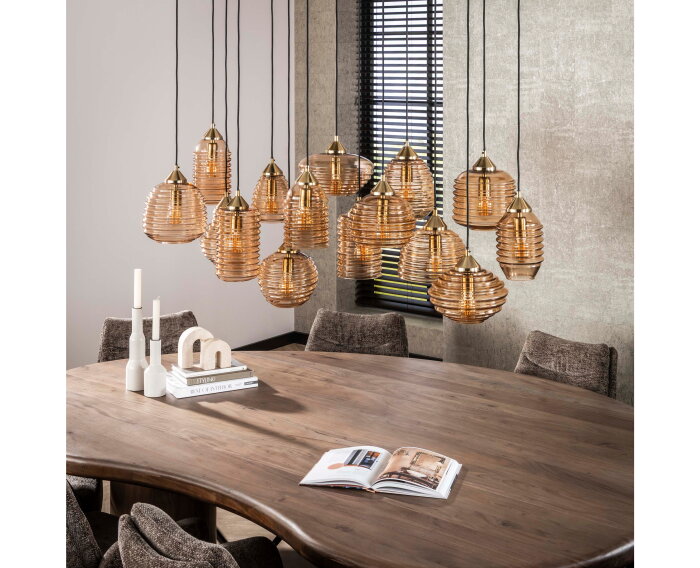 Hanglamp Rib Glass 15-lichts &ndash; Amber glas &ndash; Moderne designlamp met ribbelstructuur - 155x60x155 cm
