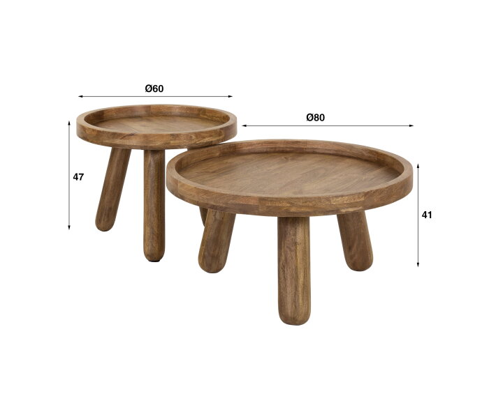 Salontafel Tripod set van 2 rond mangohout - Zandkleur