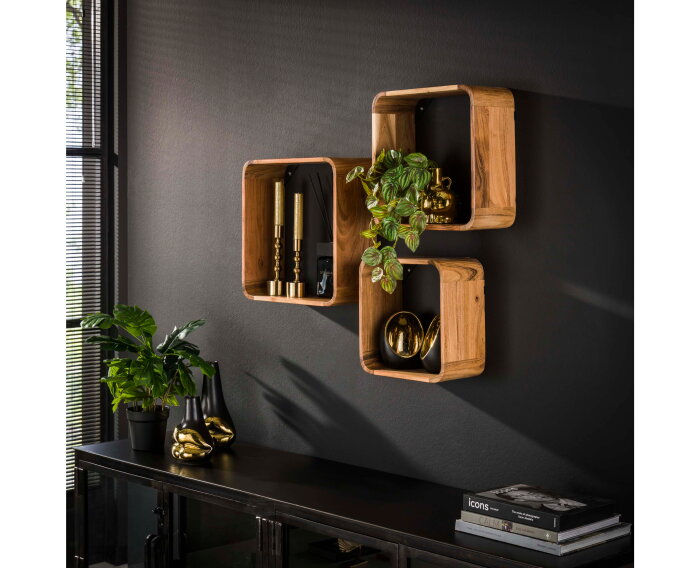 Wandschap set/3 vierkant - Massief acacia naturel