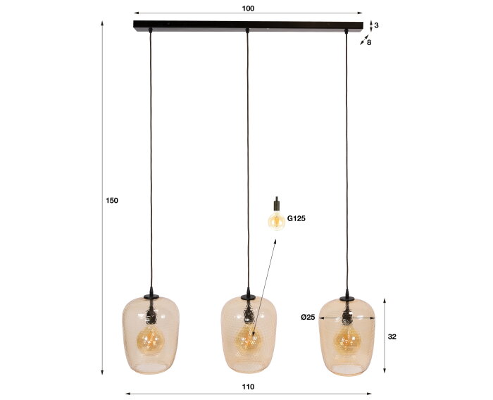 Hanglamp Python 3L - Amber glas