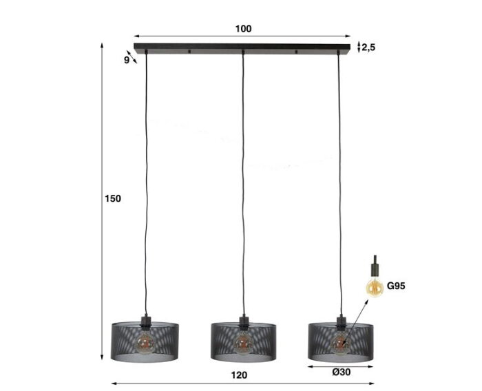 Hanglamp 3L mesh round - Artic zwart