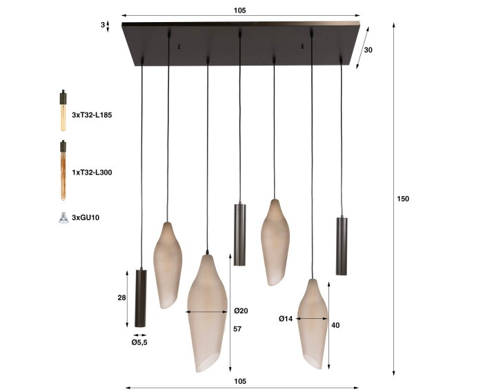 Hanglamp Cocoon Pendel 7 Lampen - Frosted - Hotel chique design - 105x30x150 cm
