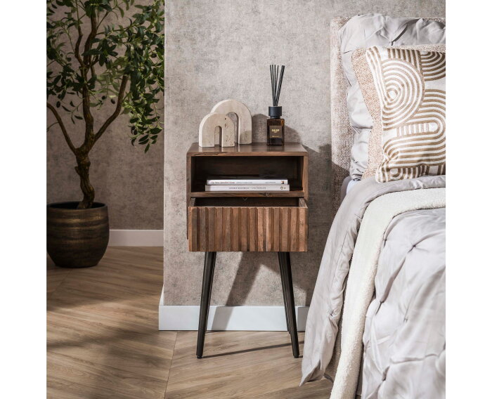 Nachtkastje 1L Carve - Massief acacia drift brown