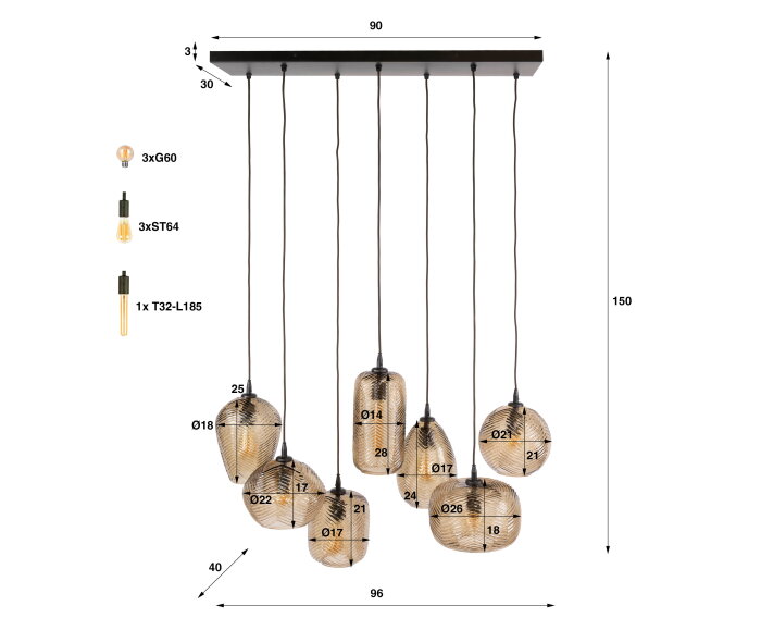 Hanglamp Chevron 4+3L - Smoke bruin glas