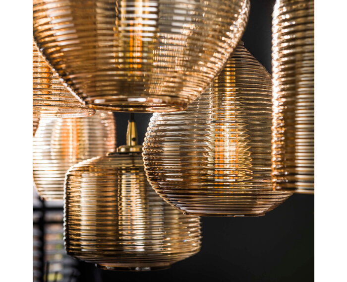 Hanglamp van 7 Lampen met Gestreept Glas Horizontaal - Amberkleurig glas