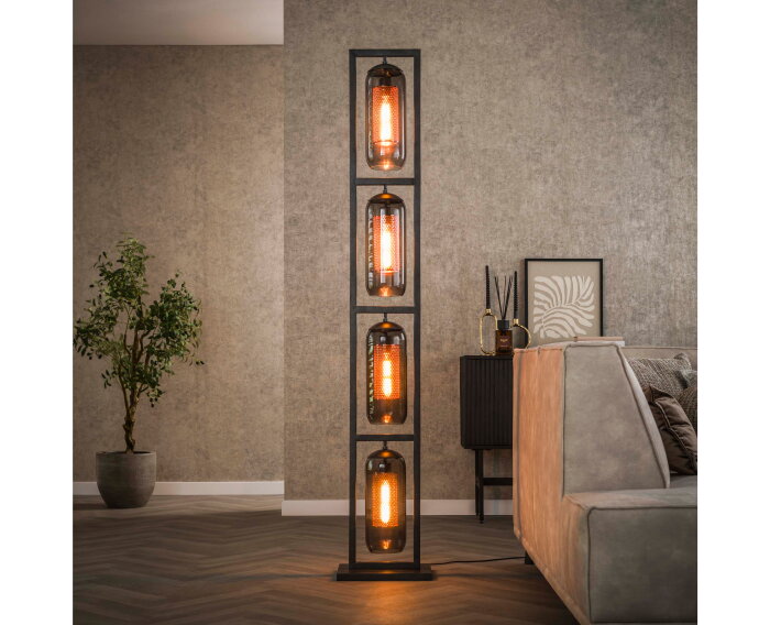 Vloerlamp 4L tower smoke glas-geperforeerd staal - Artic zwart