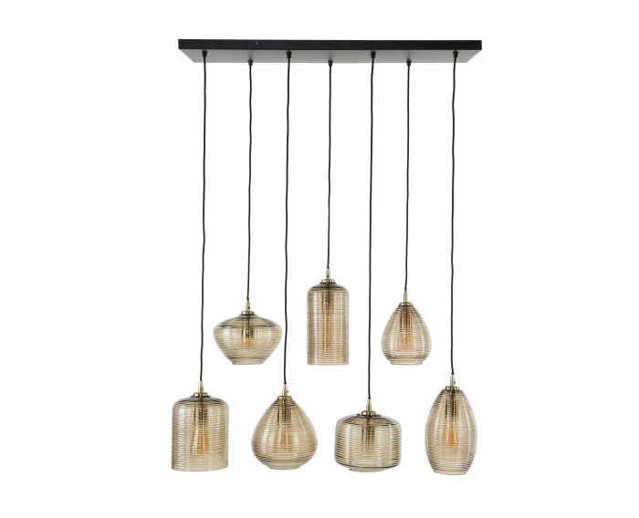 Hanglamp van 7 Lampen met Gestreept Glas Horizontaal - Amberkleurig glas