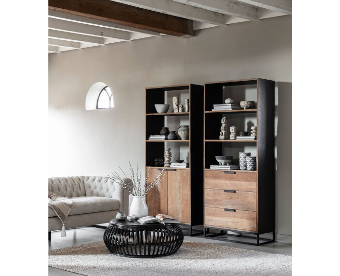 Coffee table Positano,35x&Oslash;90 cm, Black rattan, wooden top