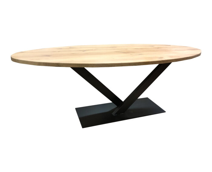 Ovale eiken eettafel met grote metalen V-poot | 240x100