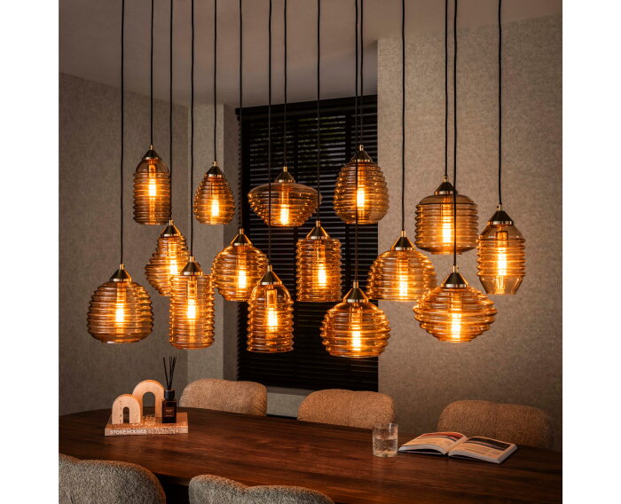 Hanglamp Rib Glass 15-lichts &ndash; Amber glas &ndash; Moderne designlamp met ribbelstructuur - 155x60x155 cm