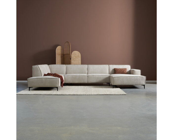 U-bank RIVER Hoekbank &ndash; Ottoman Links + 2,5-Zits + Chaise Longue rechts &ndash; Stof Majestic Beige &ndash; 368 cm