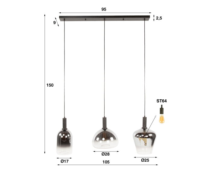 Hanglamp 3L mix grey shaded - Artic zwart