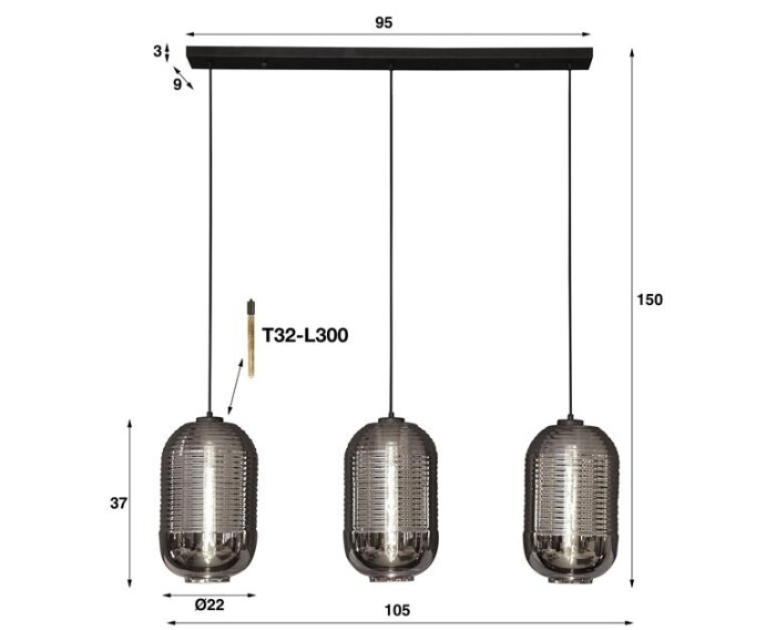 Hanglamp 3L tub chromed glass - Artic zwart