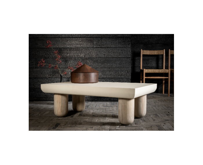 Salontafel recht concrete blad en houten poten 100x60x32