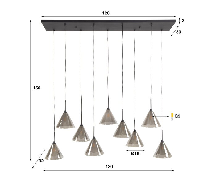 Hanglamp 5+4 tapse kap glas (G9) - Smoke grey glas