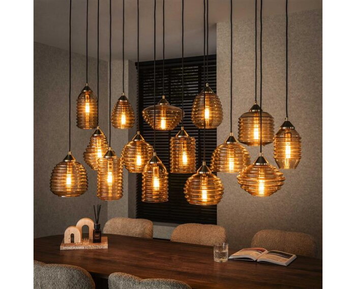 Hanglamp 5+5+5 rib glass - Amber color glas