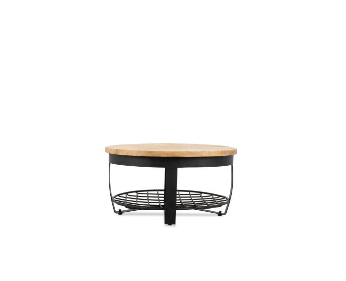 Iron Round Coffee Table Wooden top & Iron Shelf at base 90 Iron Stand Black Finish & Wood Natural Finish
