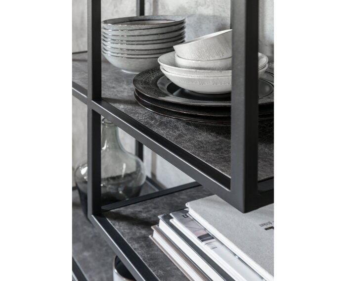 Bookrack Harmony,190x120x35 cm, black powder coated frame with carlitto charcoal recycled leather