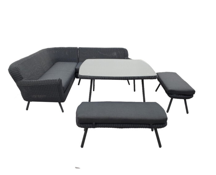 JONAH CORNER DINING SET 5PCS ( LEFT, RIGHT, 2X BENCH, TABLE 130X130) / STEEL DARK GREY & POWDER COATED ANTHRACITE (LEGS) / WICKER ROUND 3MM DARK GREY / GLASS TOP TRANSPARANT / SEAT CUSHION: STANDARD ROYAL GREY 240 + CUSHION &FOAM: FIRE RETARDANT