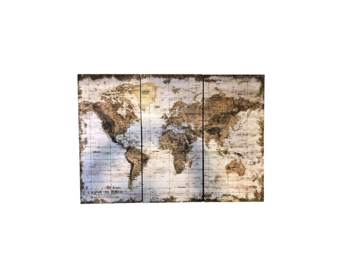 Wandkaart MDF wereldkaart GLOBE map bruin wit 3 delig | € 59,95