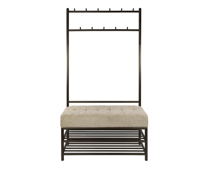 Garderobebank Luno met zitkussen - kapstok - schoenenrek - garderobemeubel &ndash; Drift brown - 11-haaks&ndash; 100x36x183 cm