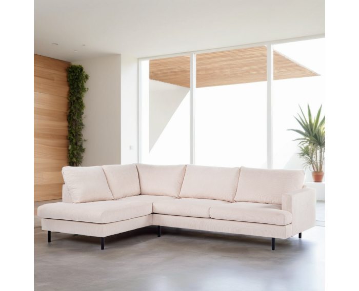 Hoekbank Caspian Links By-Olaf – Stof Fjord Beige ribstof – Metalen Poten – 3-zits Hoekbank - 264x186 cm