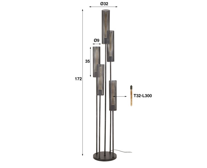 Vloerlamp 5L getrapt tube mesh - Artic zwart