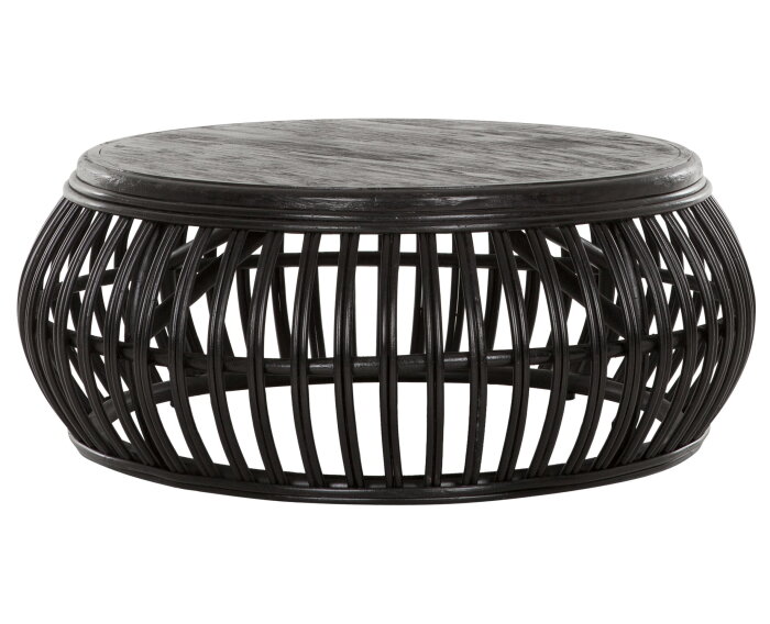 Coffee table Positano,35x&Oslash;90 cm, Black rattan, wooden top