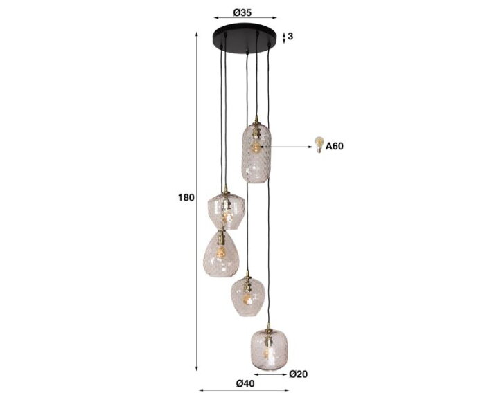 Hanglamp 5L patch pattern getrapt - Diamond glass