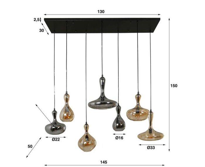 Hanglamp karaf 7 lampen - amber/zwart