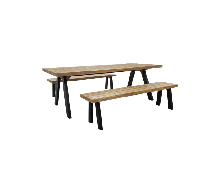 BOSCO DINING BENCH SET (000314) / ALU POWDER COATED BLACK / WOOD ACACIA LIGHT TEAK LOOK