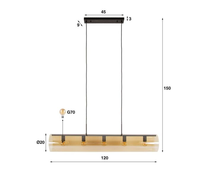 Hanglamp 5L tube amber glas - Artic zwart