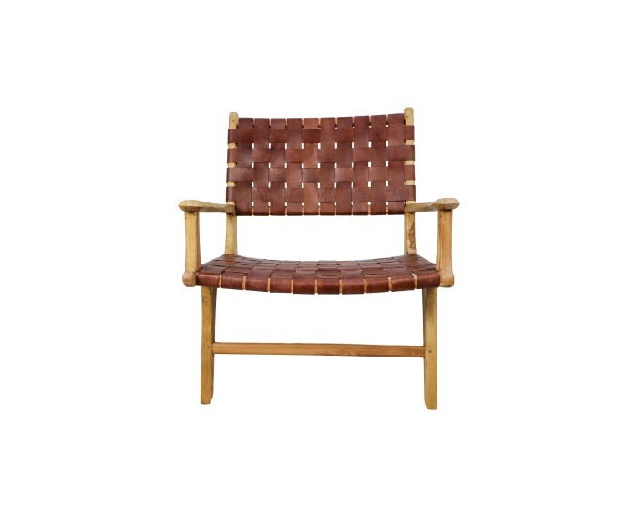 HSM Collection-Loungestoel met armleuning-naturel/cognac-leder/teak-83x73x69