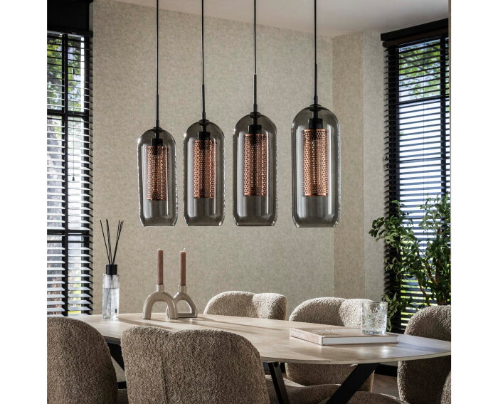 Hanglamp Rafael smoke glas metaal 4 lampen - zwart