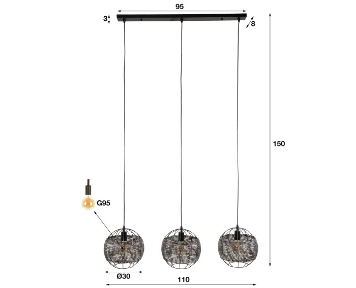 Hanglamp 3L &Oslash;30 armor open - Zwart bruin