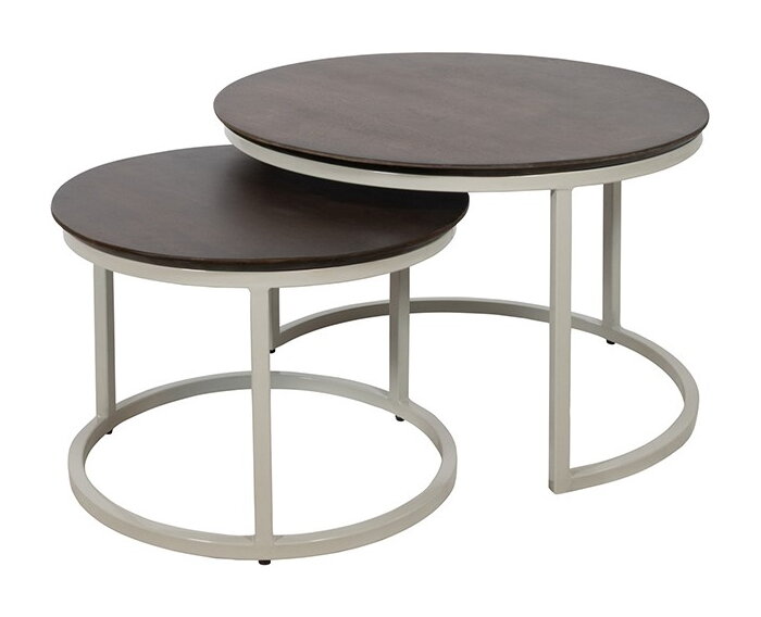 Salontafel Barbados rond set van 2 mangohout - walnoot - beige frame - 65x65x42 cm & 50x50x35 cm