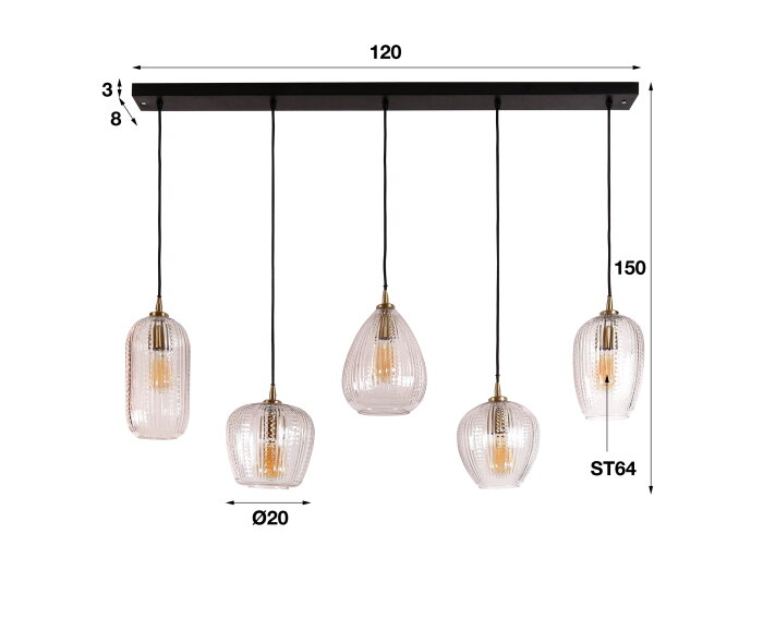 Hanglamp 5L diamond grain mix - Diamond glass