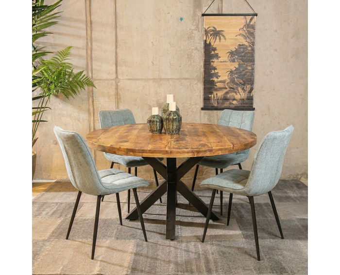 Combideal Lucille: ronde eettafel Mangohout 120 cm met 4 Lucille eetkamerstoelen - Stof perfect harmony - Lichtblauw