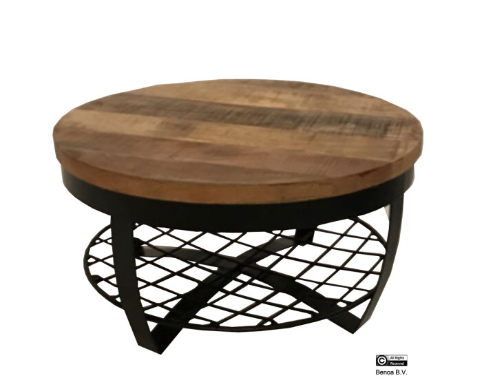Iron Round Coffee Table Wooden top & Iron Shelf at base 90 Iron Stand Black Finish & Wood Natural Finish