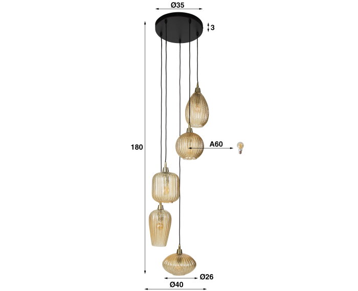 Hanglamp 5L V-shape pattern getrapt - Amber color glas