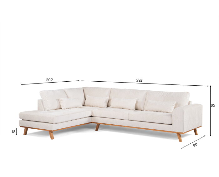Hoekbank Avelon Links By-Olaf – Stof Loris Champagne – Houten Poten – 3-zits met hoek links – 292 x 202 cm