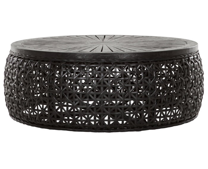 Coffee table Rimini large,35x&Oslash;100 cm, Black rattan, wooden top