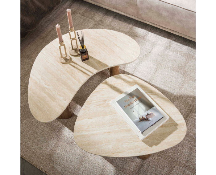 Salontafel Travertin keramiek set van 2 organisch - Japandi - 88x44x36 cm