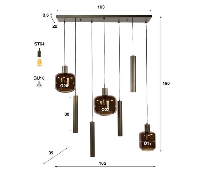 Hanglamp 4+3 metal and glass mix Bronza - Sienna brown