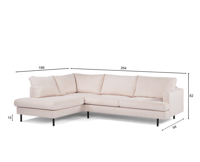 Hoekbank Caspian Links By-Olaf – Stof Fjord Beige ribstof – Metalen Poten – 3-zits Hoekbank - 264x186 cm