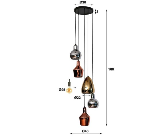 Hanglamp 5L getrapt mix glass tricolore - Artic zwart