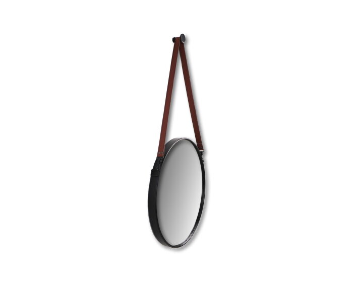 Ronde wandspiegel met riem - ø60 cm - zwart/bruin
